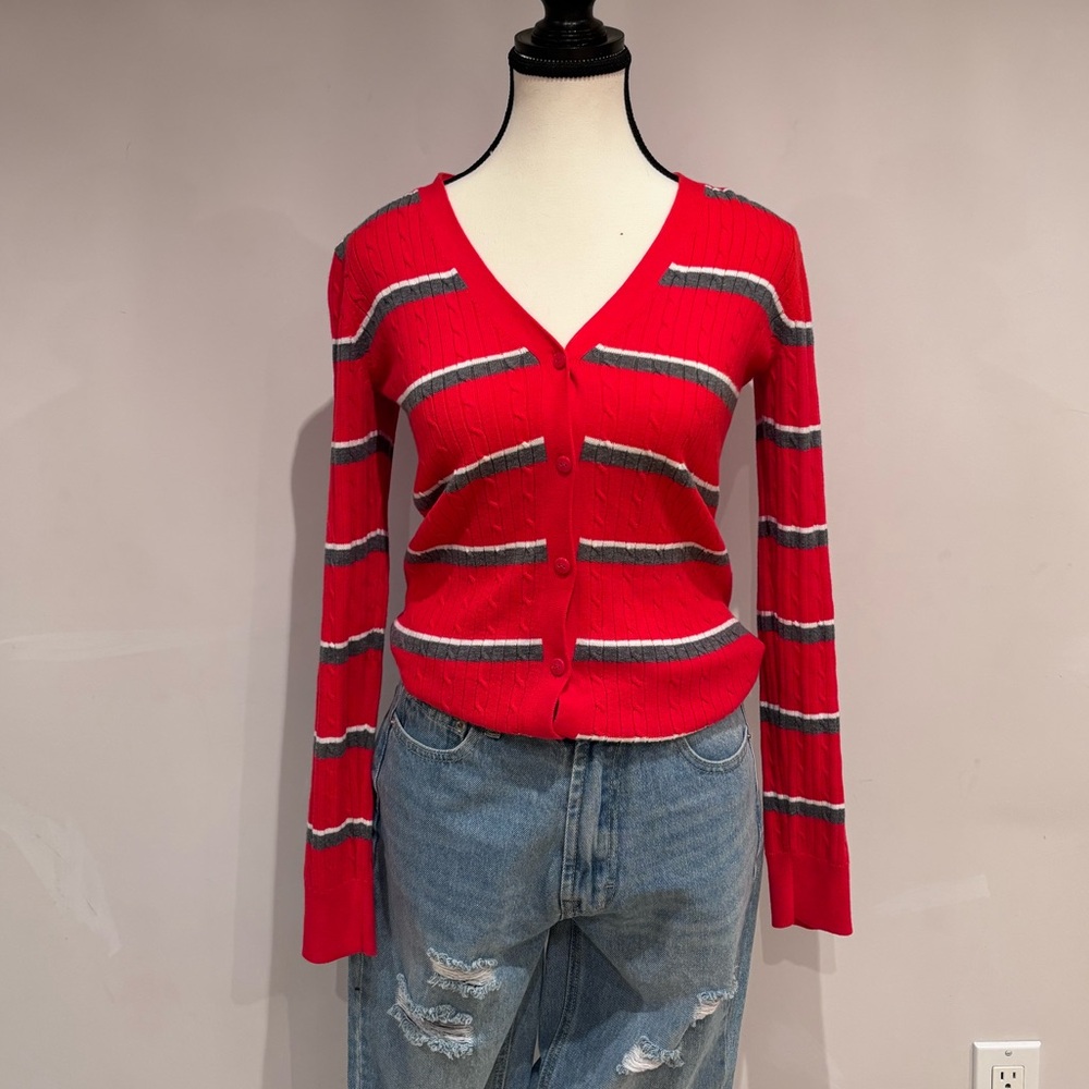 Tommy Hilfiger Red and Gray Striped Long SleeveCardigan sizeXS 100% Pima Cotton